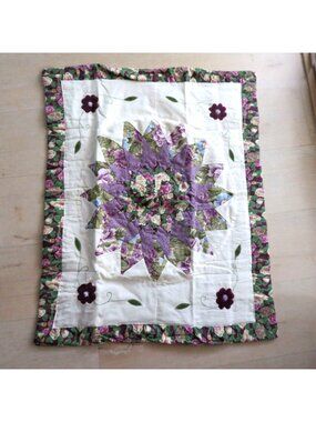 Vintage Floral Dahlia Quilted Pillow Sham 20"x26" Purple Green Patchwork Design